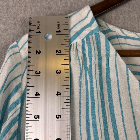 Chico's Top Women 2 White Blue Stripe 3/4 Sleeve Button Front Casual Blouse NWOT - Picture 2 of 11